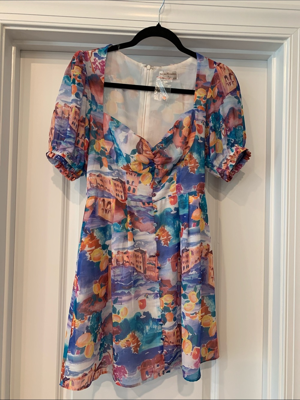 Seven Wonders dress ocean town print 4 NWOT puff sleeve